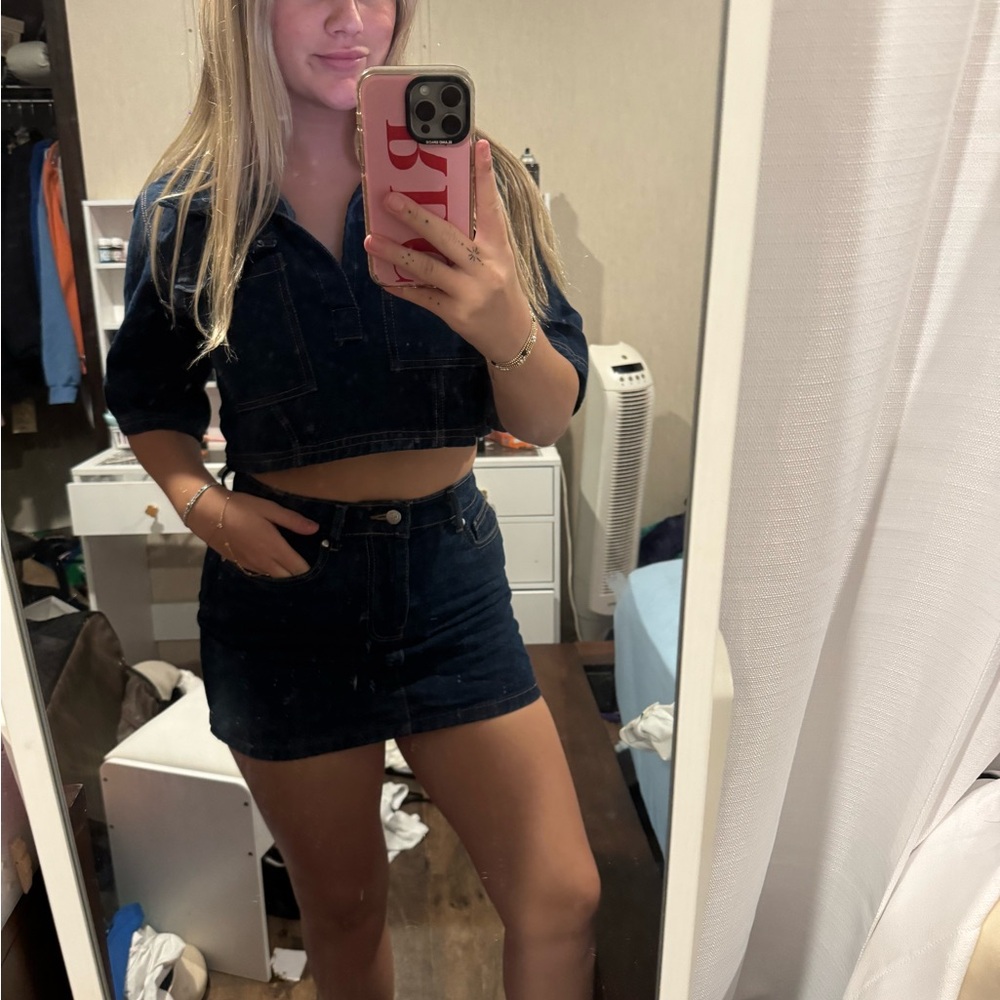 Dark Denim Crop Jacket and Skirt Set